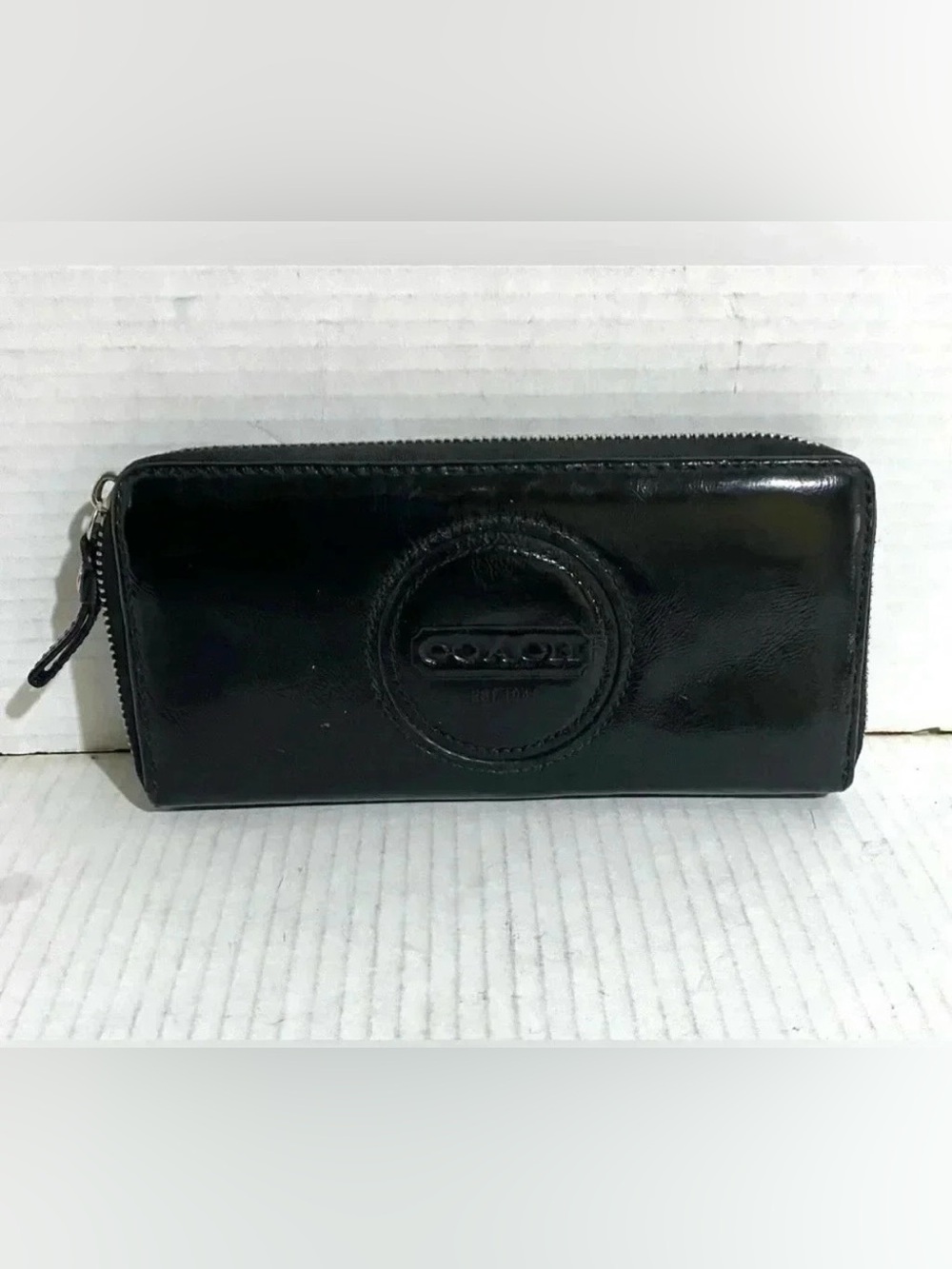 Coach Black Leather Zip-Around Continental Wallet with Embossed Logo
